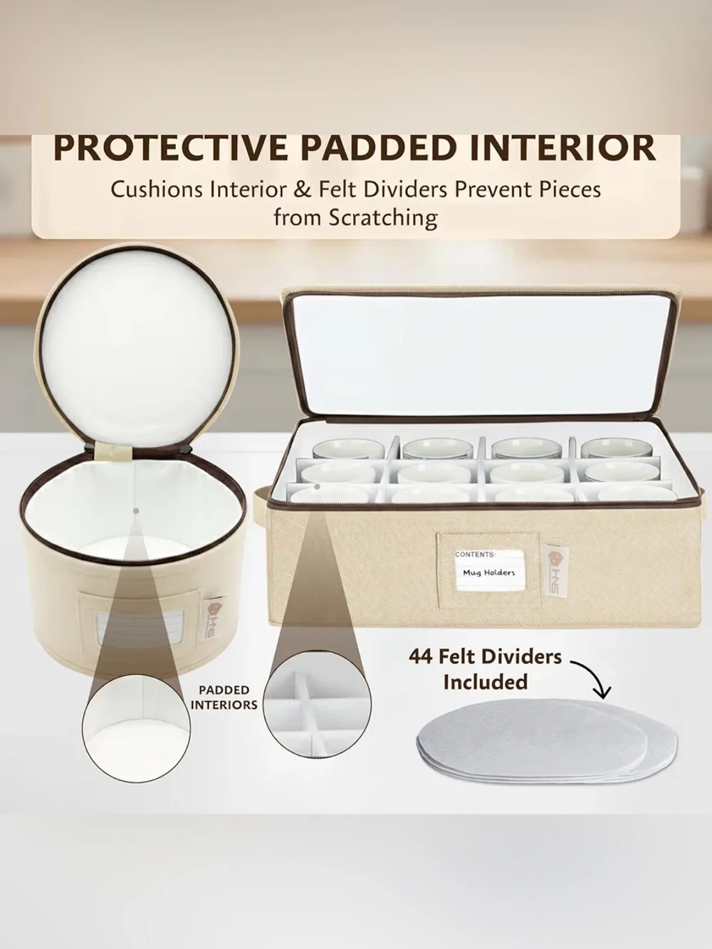 Beige Padded Mug and Dish Storage Box - Beige